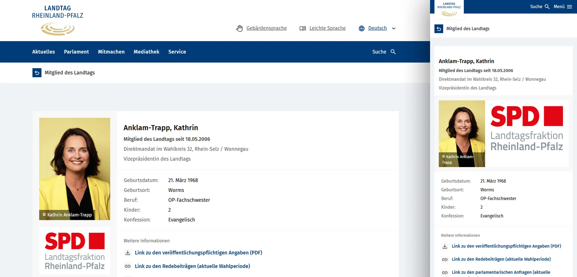 Abgeordnetenprofil des Landtag Rheinland-Pfalz im Responsive Design