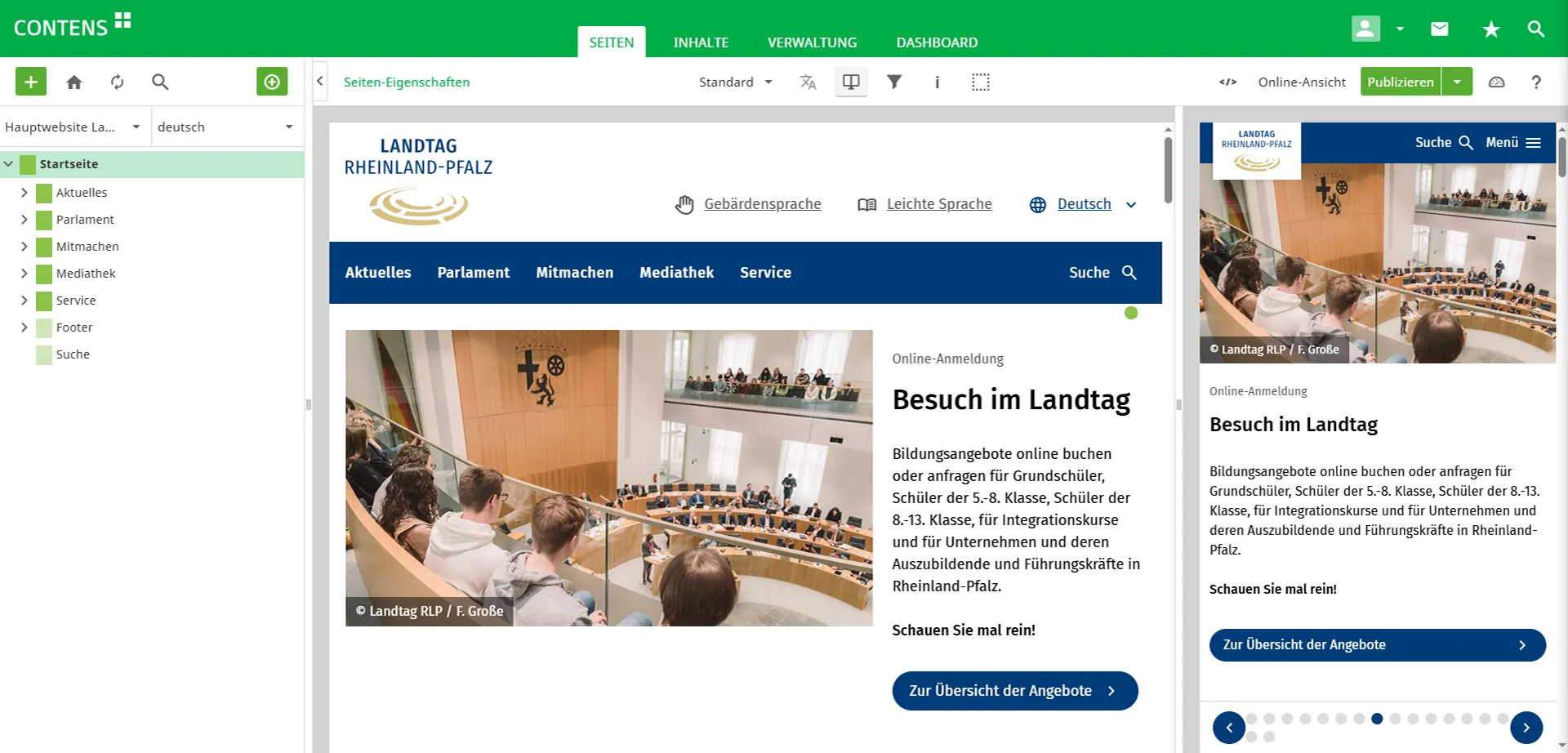 Splitscreen-Ansicht der Website des Landtag Rheinland-Pfalz im CONTENS CMS