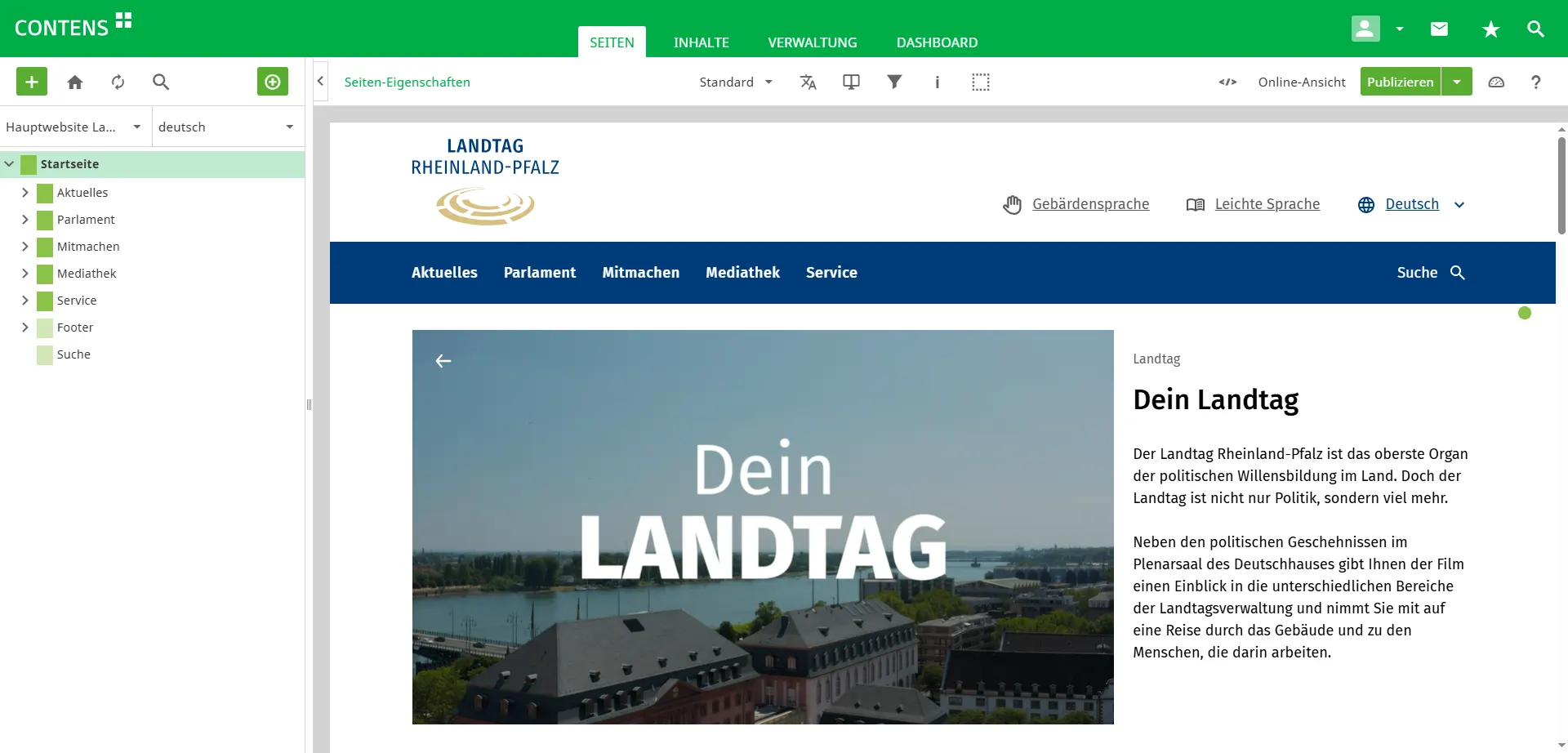 Startseite des Landtag Rheinland-Pfalz im CONTENS CMS